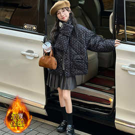 女童秋冬加厚碎花棉袄2025新款女大童冬季休闲百搭围脖棉衣保暖潮