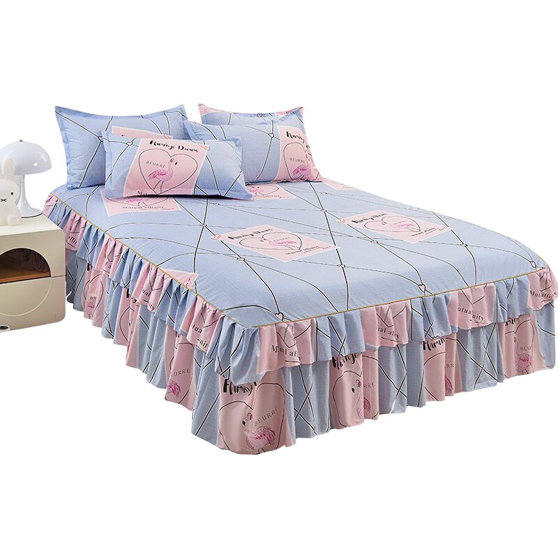 Nueva falda de cama de algodón de aloe vera Xiaoqing viento fresco falda de cama individual sábana traje de tres piezas cubierta protectora para dormir desnuda