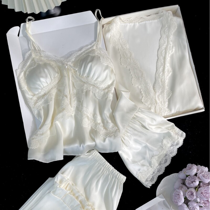 French Lace Ice Silk Pajamas Sexy Elegant Camisole Long Pants Robe Three-Piece Loungewear Set with Chest Pads for Women