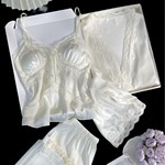 法式蕾丝冰雪丝睡衣性感优雅吊带长裤外袍三件套家居服带胸垫女士