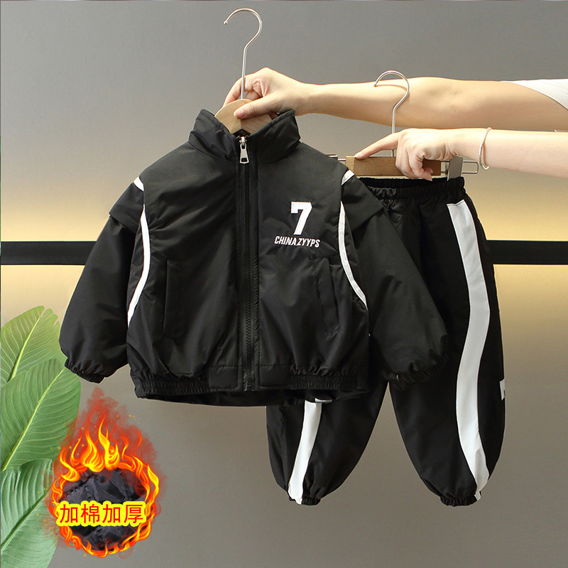 6551 Traje de invierno para niños 2025 Nuevos modelos de otoño e invierno para niños Abrigo grueso de dos algodón Pantalones cálidos de dos piezas