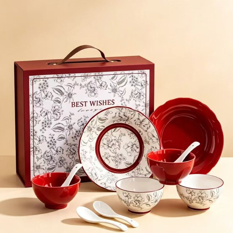 Rose Holiday 10-Piece Dinnerware Set, Color Glazed Bowls, Spoons, Plates, Vintage Floral Craft Gift Box, Housewarming Gift Rose Holiday 10-Piece Dinnerware Set, Color Glazed Bowls, Spoons, Plates, Vintage Floral Craft Gift Box, Housewarming Gift