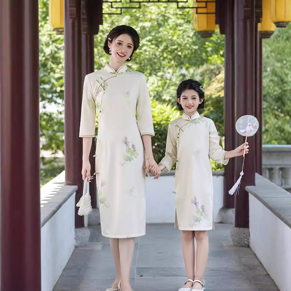 泡泡提花汉服亲子装秋旗袍连衣裙中国风洋气国风田园母女旗袍裙子