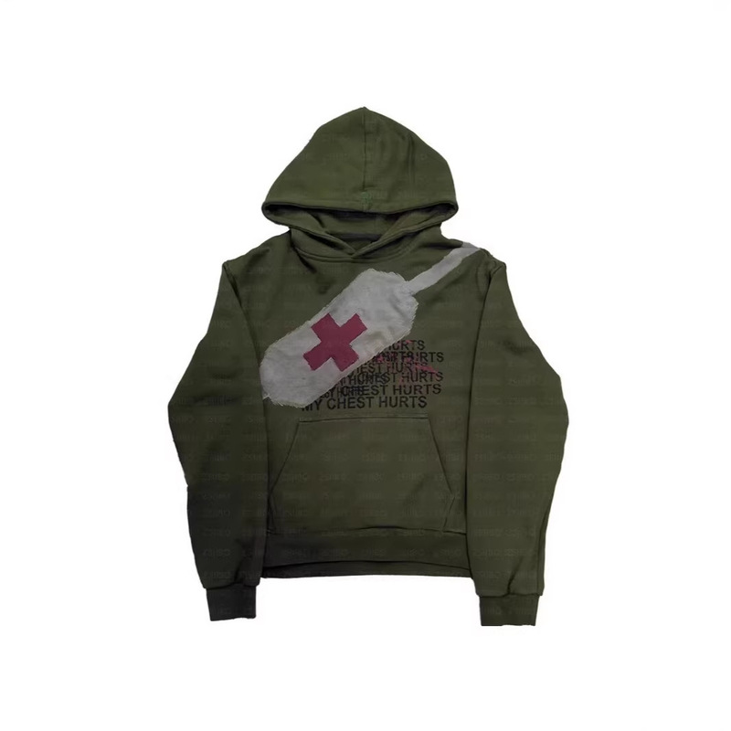 3D Digital Print Band-Aid Pattern Hoodie Street Fashion Retro Distressed Washed Loose Trendy Brand Long-Sleeve Top