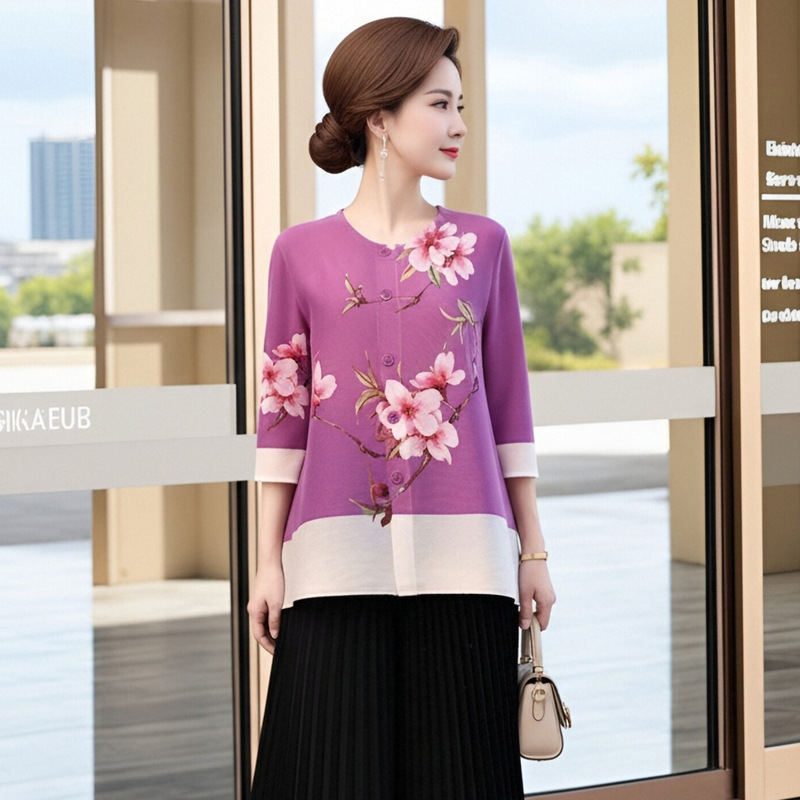 Elegant and Stylish Mom's Summer Blouse, New Chinese-Style Retro Printed Loose Shirt with Pleats Elegant and Stylish Mom's Summer Blouse, New Chinese-Style Retro Printed Loose Shirt with Pleats