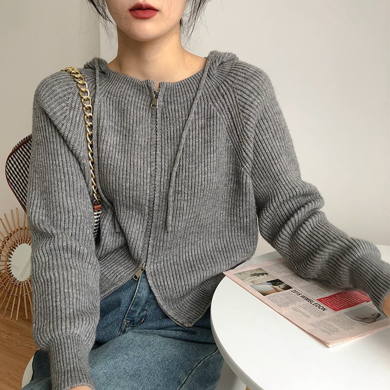 (2개) 여성용 지퍼 후드 니트 가디건, 여성용 복고풍 일본식 게으른 스타일 스웨터 재킷, 가을, 겨울 디자인, 짧은 스타일