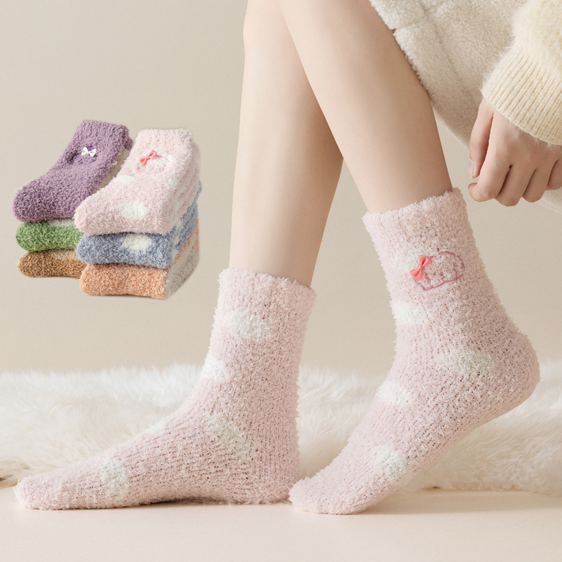Cartoon Dog Bow Middle Tube Women's Socks Animal Pattern Autumn and Winter Warm Coral Fleece Socks Floor Socks Sleep Socks