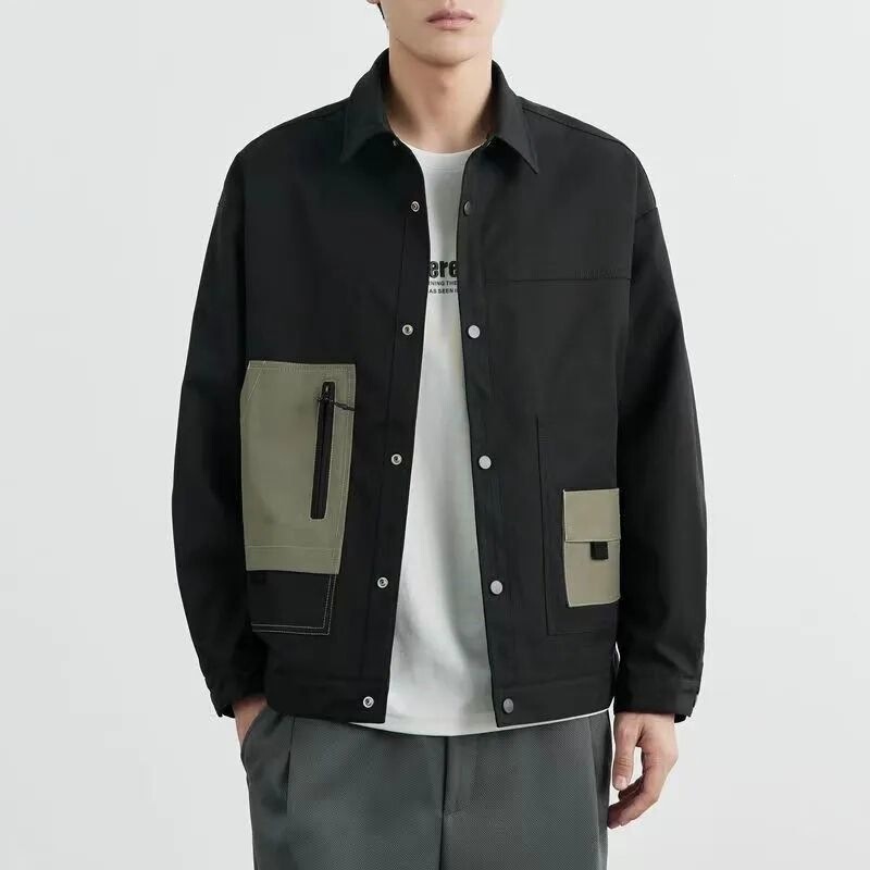 Anti-Wrinkle Fine Twill Men's Collared Jacket 2022 Spring/Autumn Trendy Slightly Loose Patchwork Workwear Casual Coat