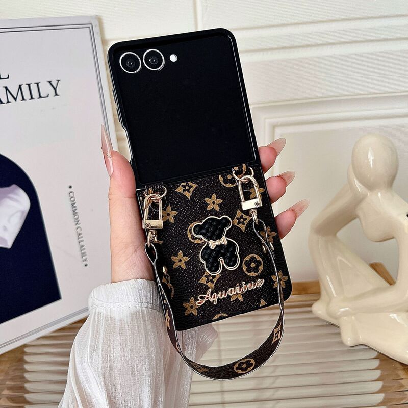 New Model Suitable for Samsung Zflip7 Mobile Phone Case Foldableing Screen Presbyopic Leather Pattern Zflip6 Houndstooth 5 Bear Case