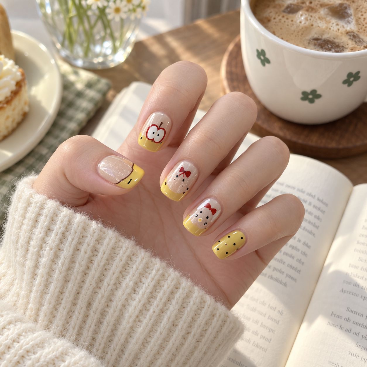Cute cartoon new cat-eye nail art, trendy on Instagram, TikTok, and Xiaohongshu, with a creamy, doodle-like design, playful and versatile, perfect for students