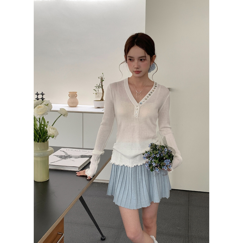 Yier Shirt Wool Design Shell Button V-Neck Lace Slimming Korean Style Regular Shoulder Knit Sweater for Women Ye009
