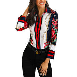 亚马逊 独立站 夏季开衫链条花朵印花百搭通勤衬衫商务职业装上衣