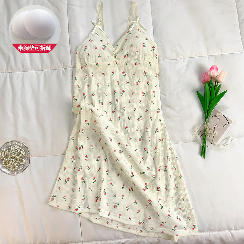 Camisón fino de algodón de imitación de verano, falda media para mujer, dulce, pequeña y fresca con almohadilla para el pecho, camisón para el hogar, comercio exterior al por mayor, Douyin