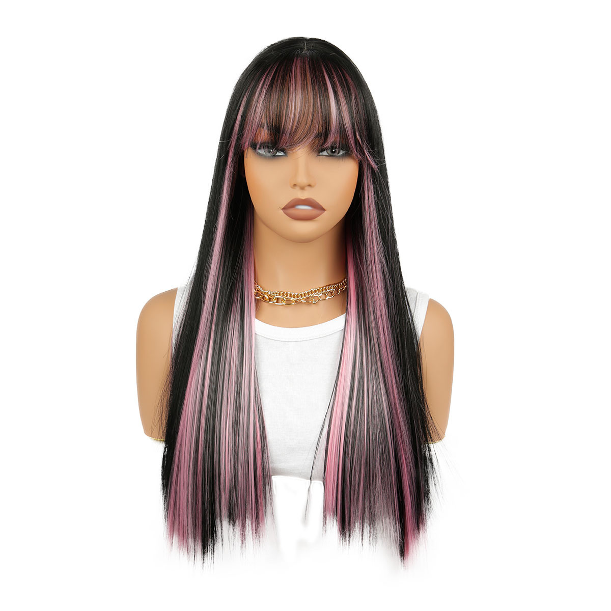 Ventas transfronterizas en caliente pelucas de cabello recto de cabello largo frangeo conjunto de fibra química polvo negro colorido cos fábrica al por mayor wig