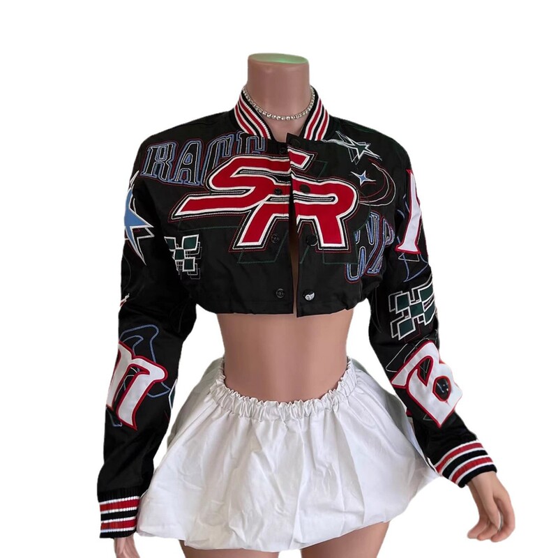 1295CroppedBaseballJacket绣花短款长袖单排扣棒球服秋季新款|undefined