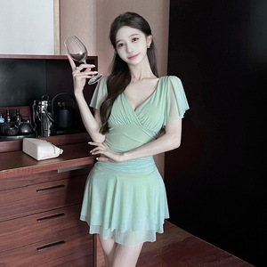 Mesh candy colored flying sleeve ruffle edge dress