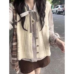早秋学院风宽松显瘦软糯针织开衫女学生+百搭复古格纹衬衫两件套