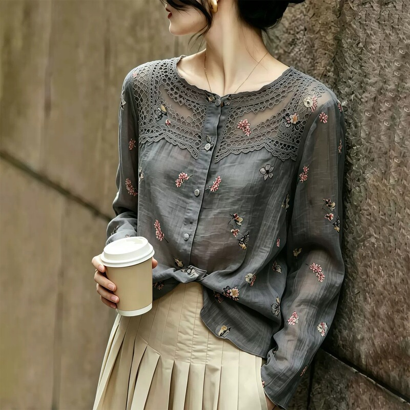 European-Style Dark Gray Lazy Style Hollow-Out Top for Women, 2026 Summer New Lace Patchwork Shirt European-Style Dark Gray Lazy Style Hollow-Out Top for Women, 2026 Summer New Lace Patchwork Shirt