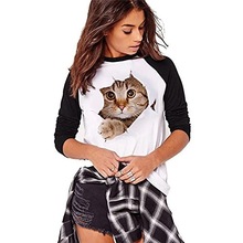 3D貓 wish速賣通歐美情侶3D破紙貓咪可愛印花T恤短袖休閑圓領
