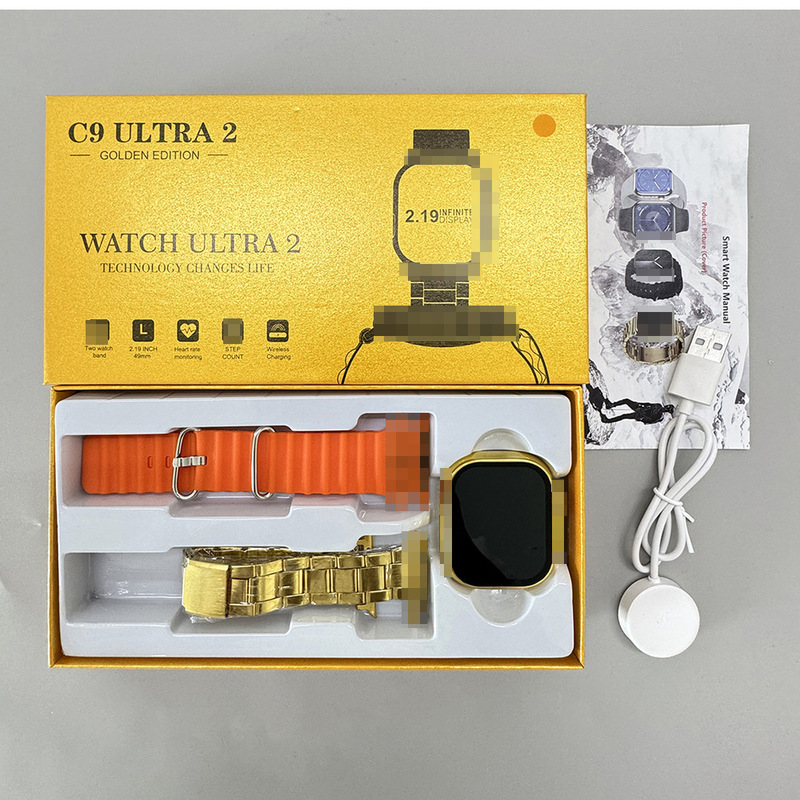 Huaqiangbei c9ultra2 smart watch, gold color, with Bluetooth calling, heart rate and blood pressure monitoring, and health tracking features Huaqiangbei c9ultra2 smart watch, gold color, with Bluetooth calling, heart rate and blood pressure monitoring, and health tracking features