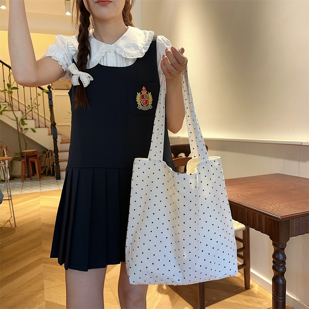 90g Weight Poplin Lining Material 19695304699 Fashion Element Open Closure Type Double Shoulder Straps Strap Type Tote Bag Bags Type Travel, Daily Occasion Canvas Material Round Dots Pattern All Seasons, Spring&Summer Season Women's Gender Streetwear Style Square Shape Medium Size 45262 New Polka Dot Canvas Bag Women's Large Capacity Bag College Students Class Canvas Bag Special-Interest Shoulder Bag 18