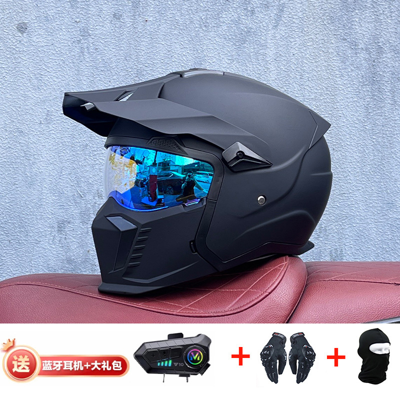 Orz Summer Retro Casco Four Seasons Black Warrior Combination Casco Hombre Motocicleta Half Casco Full Casco Locomotora Hombres y mujeres