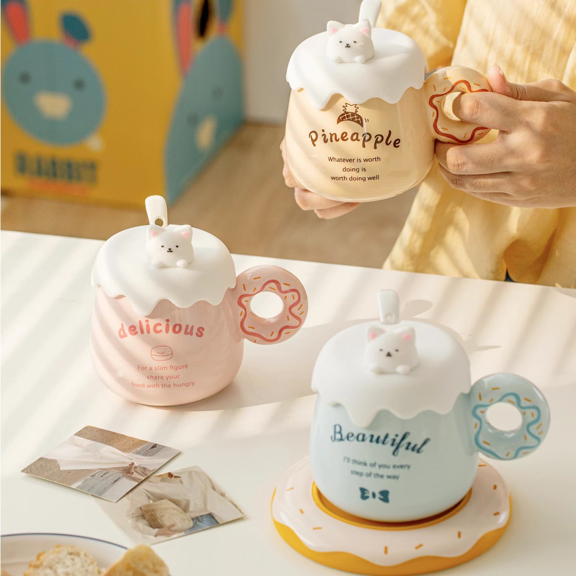Creative Donut Thermostatic Cup Gift Set Ceramic Mug with Lid and Spoon Cute Girl Couple Handprint Gift Thermostatic
