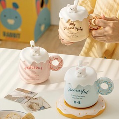 Creative Donut Thermostatic Cup Gift Set Ceramic Mug with Lid and Spoon Cute Girl Couple Handprint Gift Thermostatic