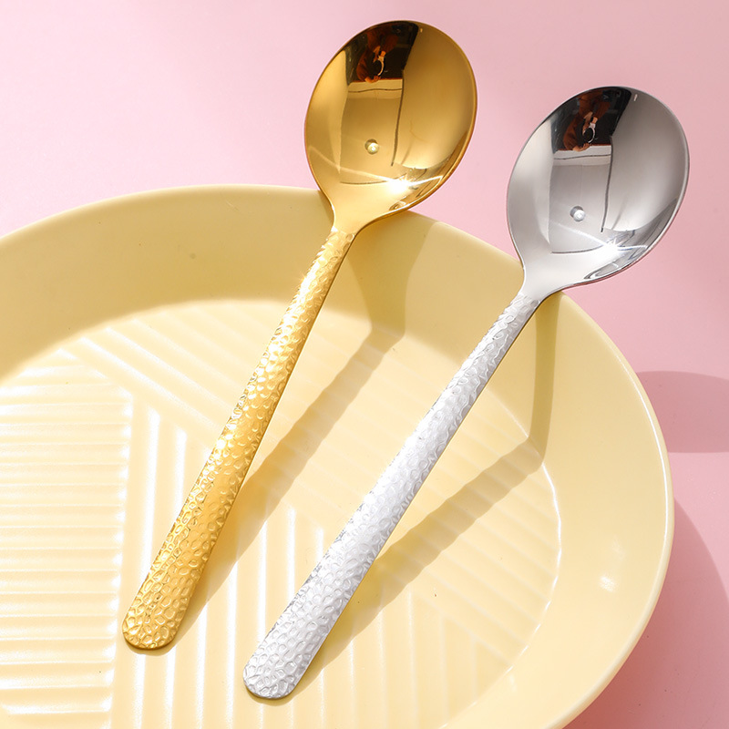 Stainless Steel Soup Dessert Spoon, Hammered Pattern, High Aesthetic Value Tableware, Long-handled Rice For Home Use,_voghion.com