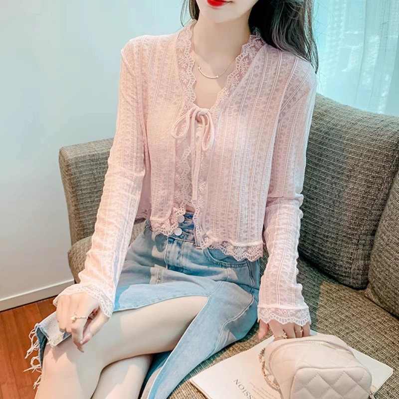 2025 Летний нежный дикий сладкий маленький пиджак с шалью снаружи тонкий короткий кружевной солнцезащитный кардиган