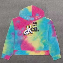 2023秋冬季新款个性街潮羊羔绒慵懒风宽松扎染连帽衫男士卫衣批发