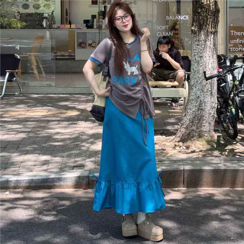 大码胖mm韩系拼接撞色字母短袖T恤女装夏季巨显瘦半身裙时尚套装|undefined