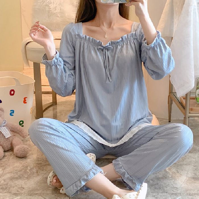 Al por mayor transfronterizo otoño nueva explosión imitación de algodón pozo rayas pantalones de manga larga pijamas princesa dulce ropa doméstica