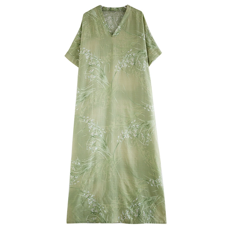 Summer retro long beach dress, V-neckline, cotton and linen, plus size