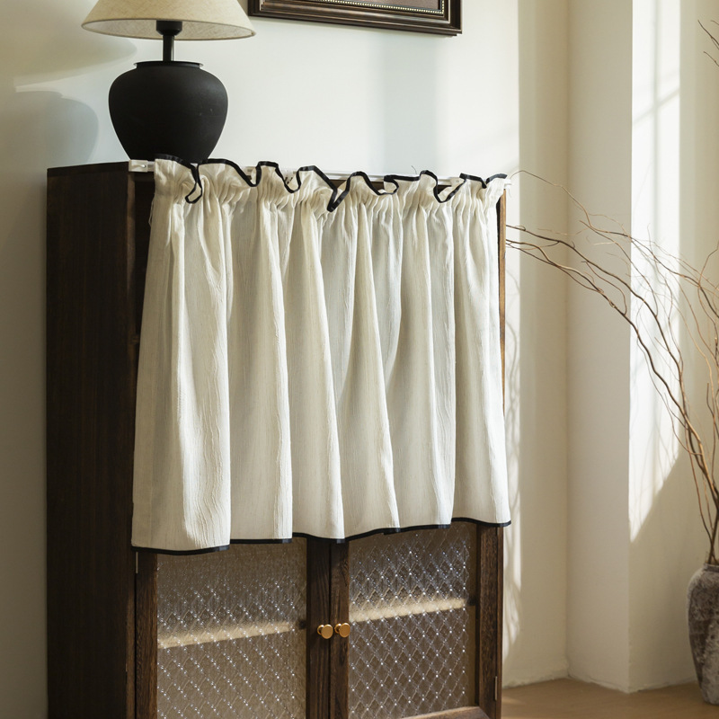 Japanese-Style Short Curtain, Vintage Cotton and Linen Cabinet Curtain, Washing Machine Curtain, Blocking Curtain, No-Drill Adhesive Rail, Cabinet and Bookshelf Curtain