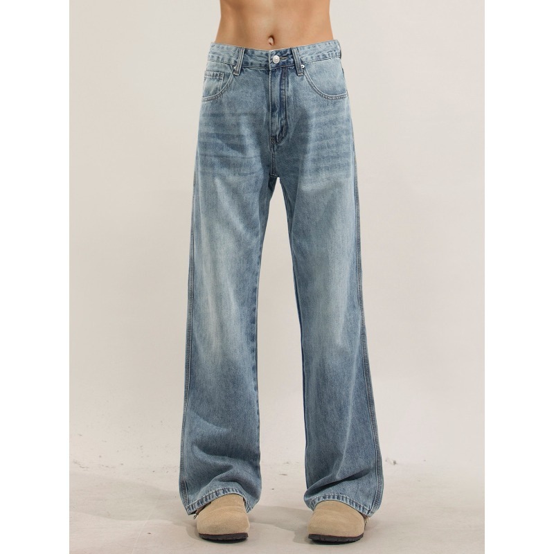 Men's Washed Denim Jeans, High Street Loose Fit Straight Leg Trousers For Clean Aesthetic & Casual Style_viptrois.com