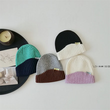 秋冬针织冷帽儿童韩版拼色竖纹卷边护耳帽男女冬天户外保暖毛线帽