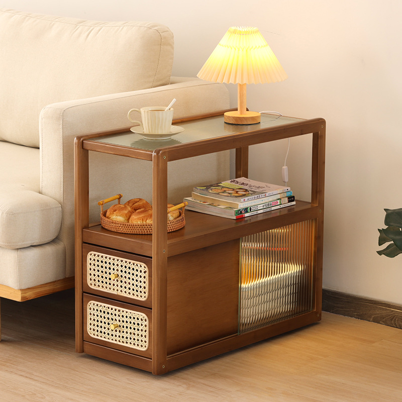 Vidrio de estilo japonés mesa lateral móvil sofá de ratán lado del gabinete del lado del Gabinete sala de estar nogal pequeña mesa de café Mesa de la esquina nuevo