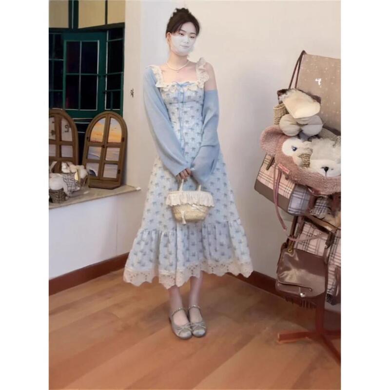 Sweet and Gentle Style Lace Splicing Floral Summer New Waist Slimming Look A-Line Long Skirt Dress Women's Casual