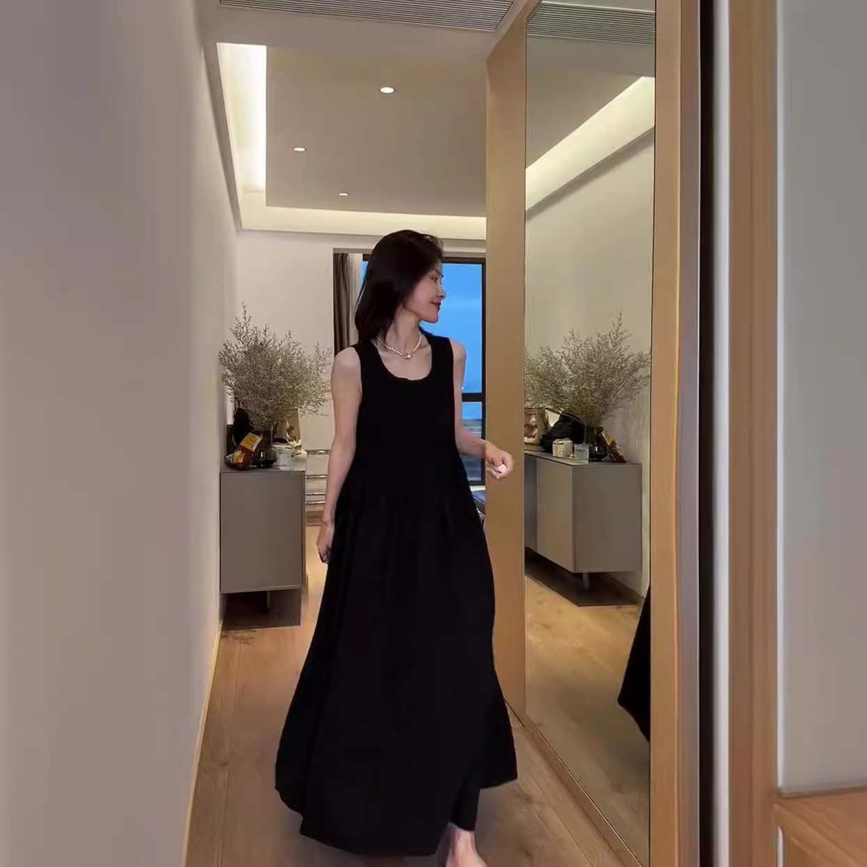 Váy liền không tay dài phong cách Hepburn Pháp, dáng suông thắt eo, phù hợp nữ mùa hè — Màu đen, Màu trắng