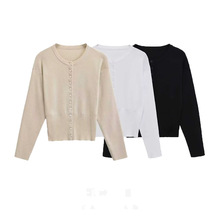 跨境女装批发欧美风2025新款时尚百搭圆领平针针织长袖衫开衫上衣