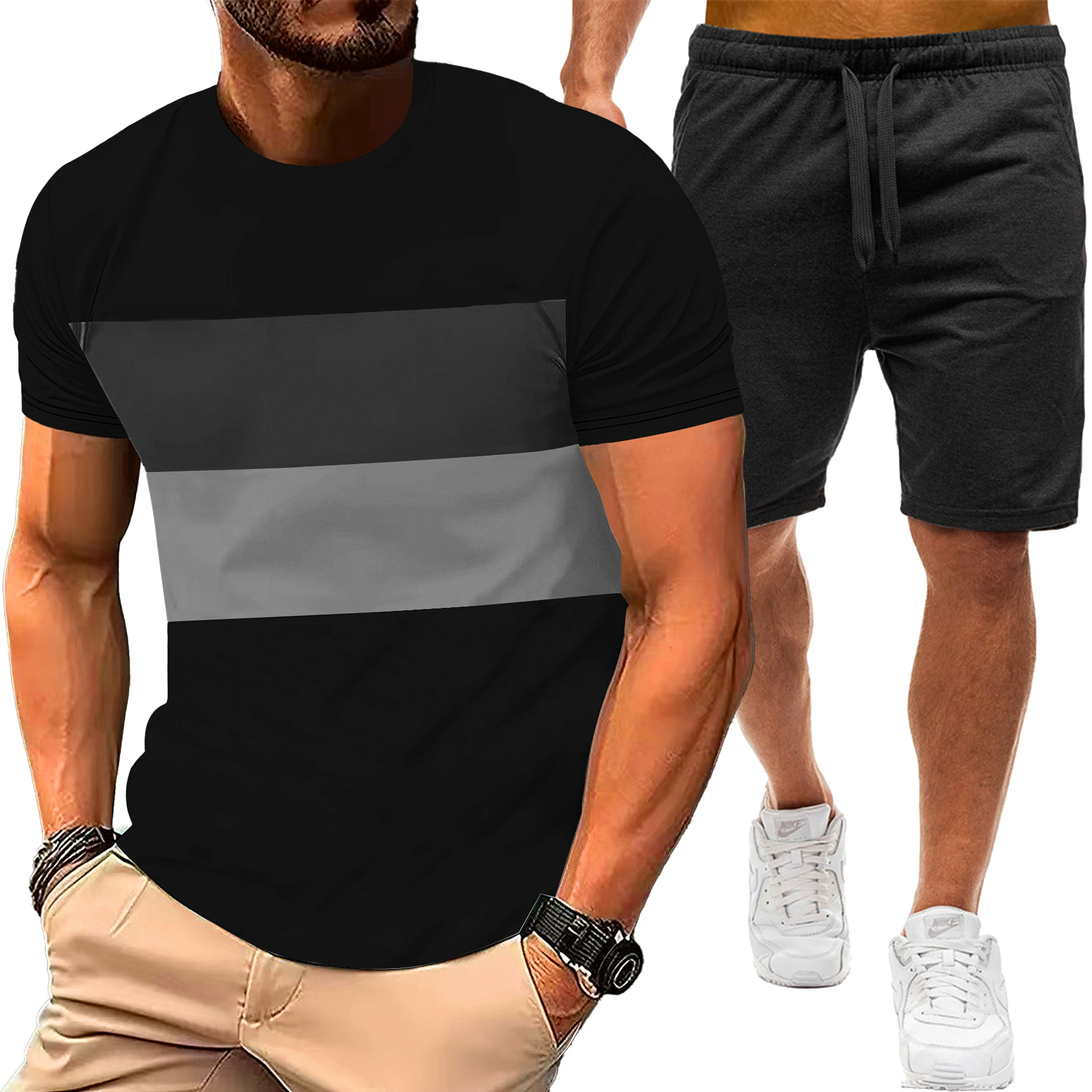 Мужская летняя футболка с коротким рукавом, круглым вырезом, спортивно-повседневного стиля, 2025 года, новые цветовые сочетания, комплект