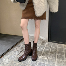 韩版粗跟瘦瘦靴腿精出道~7cm/圆头后拉链弹力瘦瘦靴女百搭粗高跟