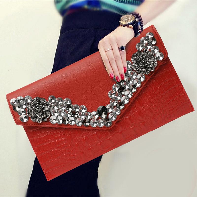 Fashion Women's Handbags 2025 New Genuine Leather Clutch Bag Evening Party Bag With Rhinestones Luxury Banquet Purse - Thumbnail 3