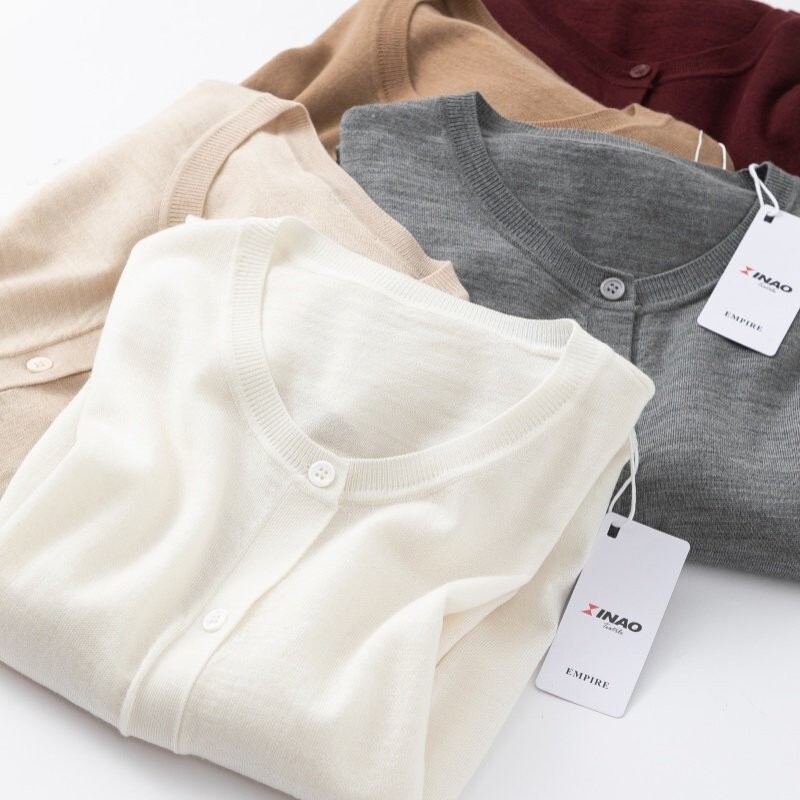 New Australian Fine-Spun 100% Fine Wool Round-Neck Knit Cardigan for Women, Loose Casual Simple Versatile Thin Sweater Jacket for Summer New Australian Fine-Spun 100% Fine Wool Round-Neck Knit Cardigan for Women, Loose Casual Simple Versatile Thin Sweater Jacket for Summer