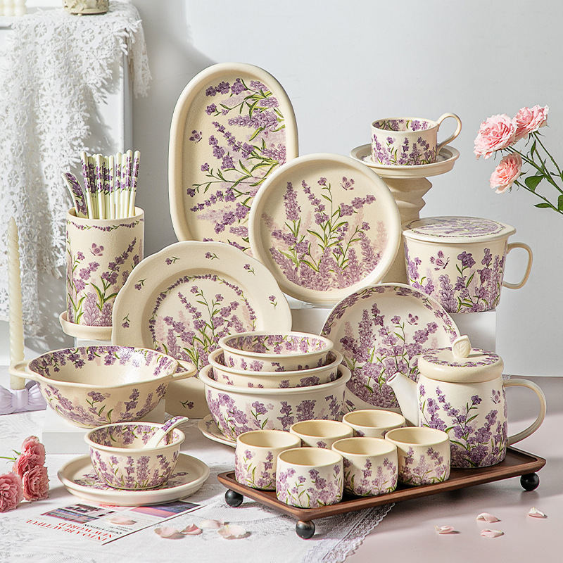 New Style! Purple Dream Underglaze Ceramic Household Set French Tableware Lavender Flower Vintage Bowl and Plate Set