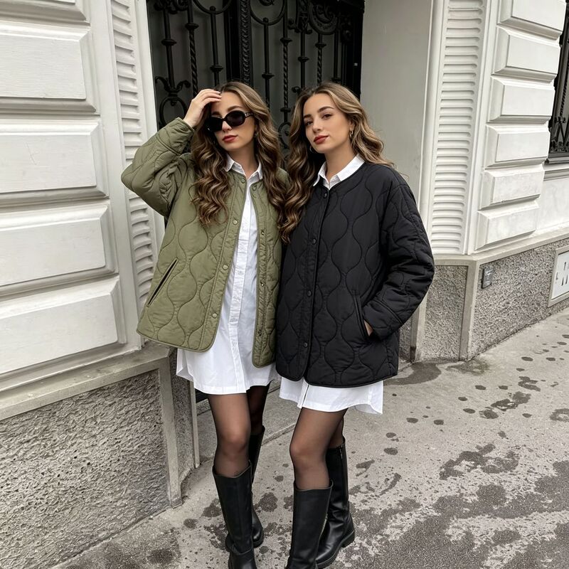 Autumn and Winter Lightweight Quilted Cotton Jacket for Women, Loose and Casual Round-Neck Snap-Button Padded Coat, Cross-Border Women's Clothing Wholesale
