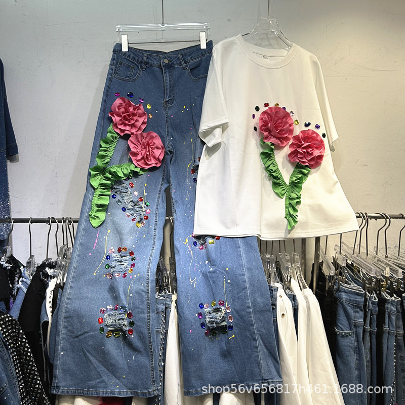 European Heavy-Duty Rhinestone Three-Dimensional Floral Short-Sleeve T-Shirt Top + High-Waisted Ripped Wide-Leg Denim Pants Set for Women