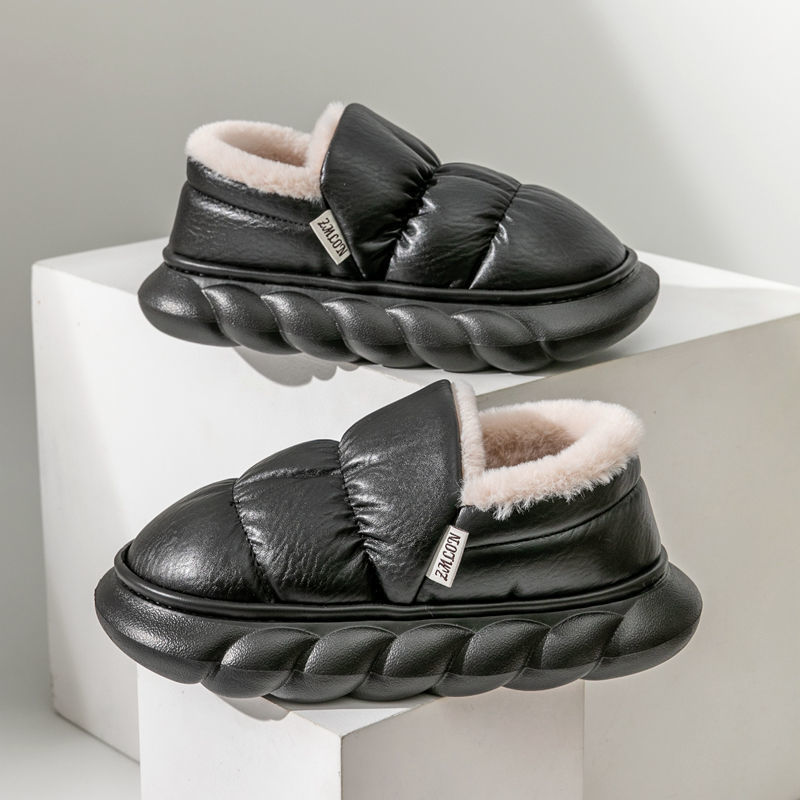 2024 Home Cotton Shoes Women's Winter Anti-Slip Thickened Warm Confinement Shoes Leather Waterproof Thick Sole Wool Cotton Slippers Men
