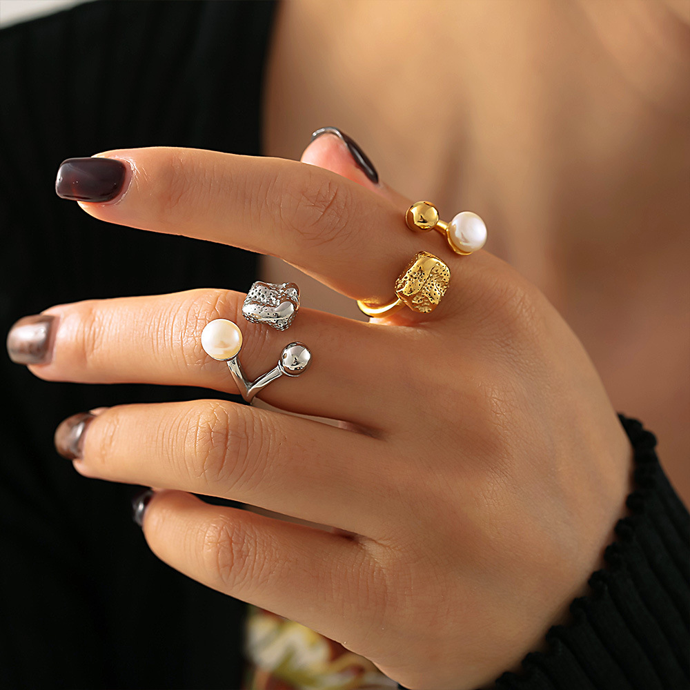 Square Sugar Titanium Steel Open Mouth Imitation Pearl Ring Smooth Ball Shaped Personalized Ring_voghion.com